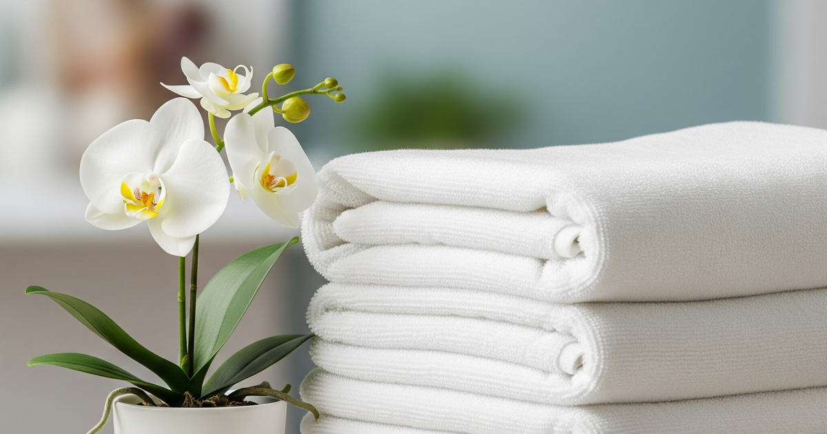 A Pristine Stack Of Perfectly Folded, Fluffy White Spa Towels.