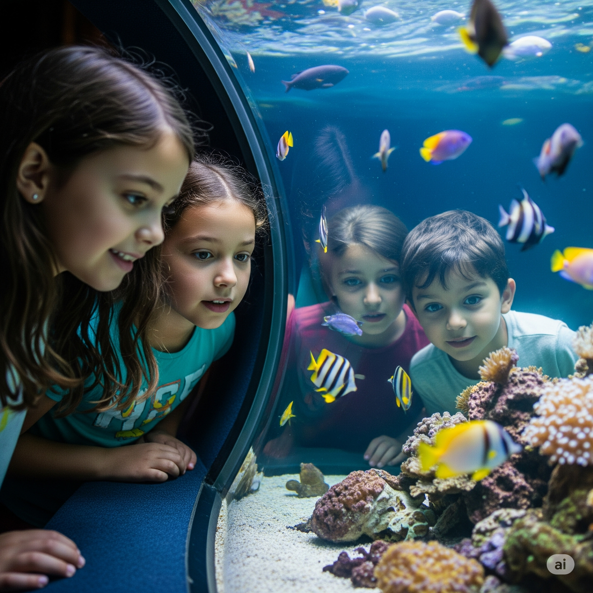 Children Peering Into The Glass Looking At The Marine Life