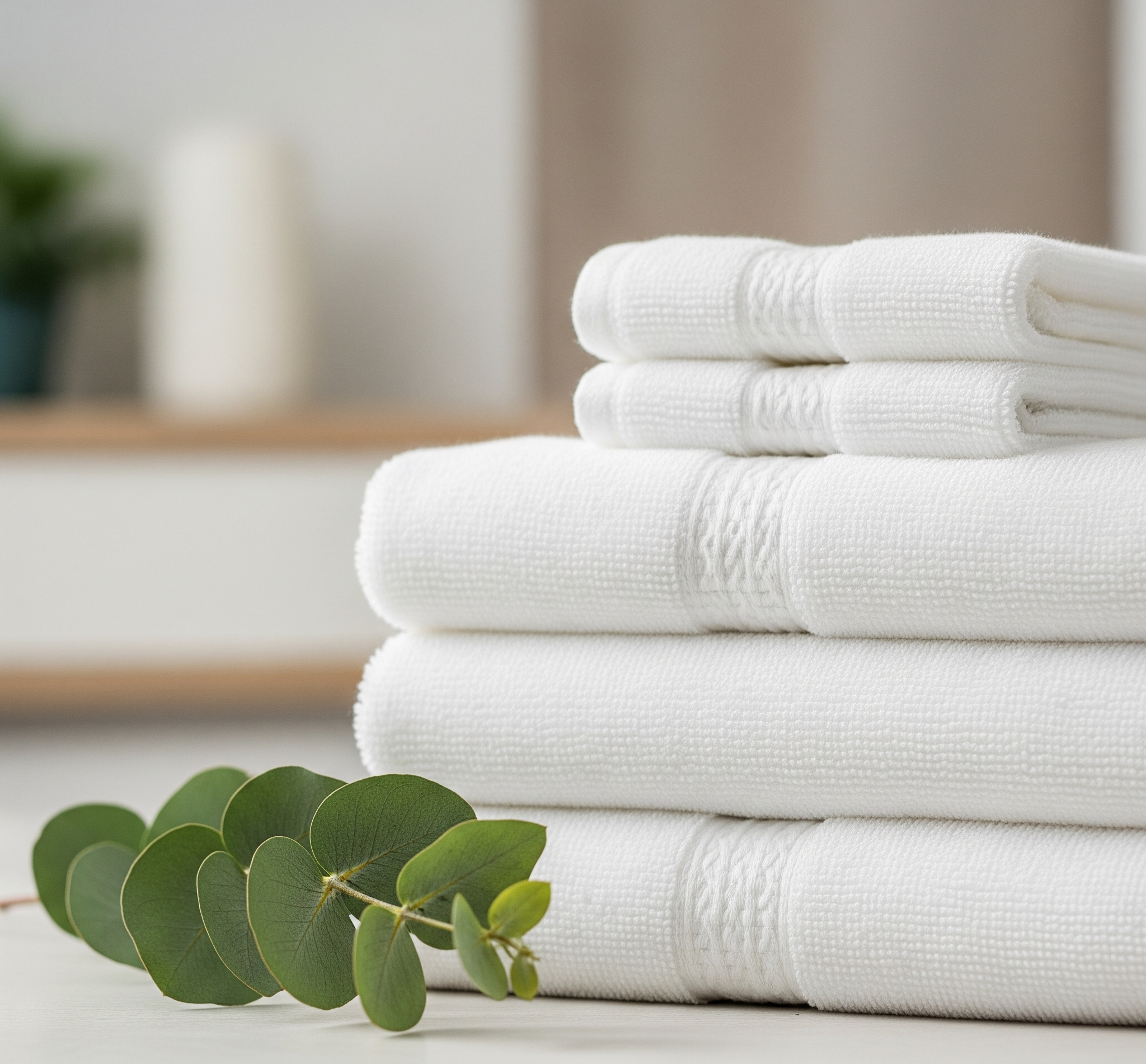 A Pristine, Neatly Folded Stack Of Fluffy White Hotel Or Spa Towels. Resting Beside The Stack Is A Single, Elegant Sprig Of Eucalyptus, Suggesting Freshness