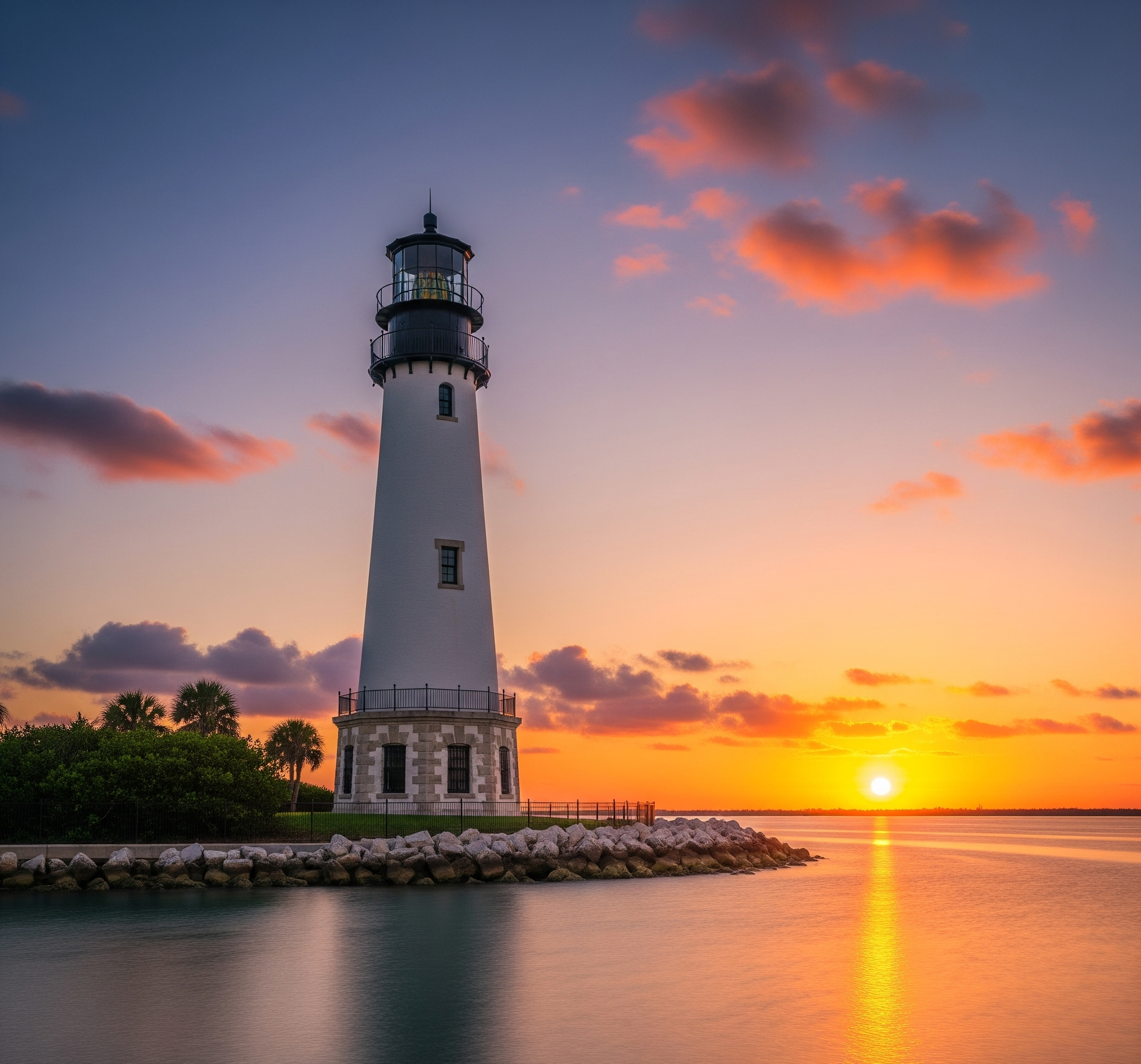 Historic Jupiter Inlet Lighthouse Against A Clear Blue Sky Or At Sunset.