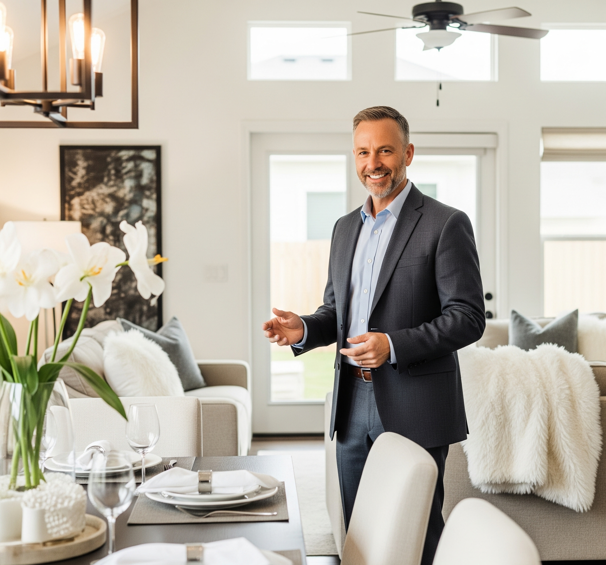 A Realtor Hosting An Open House With Pristine Linens, Fluffy Blankets On The Couches.